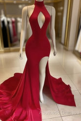 Hot Long Red Evening Prom Dresses High Neck Satin Mermaid Evening Dresses Uk Split